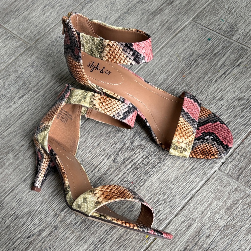 Style & Co. Multicolor Snake-Print Ankle Strap Heels
